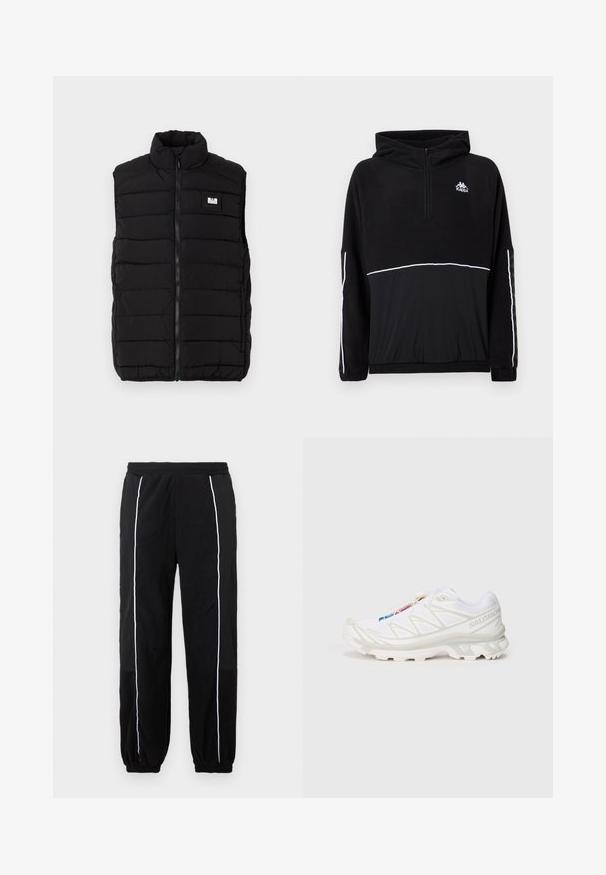 Černá péřová vesta s vysokým límcem, s horizontálním prošívaným vzorem, předním zapínáním na zip a obdélníkovou nášivkou s logem na prsou.; Černá fleecová mikina se zipem do poloviny, kapucí a bílým kontrastním pruhem. Logo tištěné na hrudi; elastické manžety a lem. Měkká textura.; Černé tepláky s bílými bočními pruhy, elastickým pasem a manžetami. Vyrobené z měkké, texturované tkaniny pro pohodlí a flexibilitu.; Bílé sportovní boty s texturovaným síťovaným svrškem, reflexními akcenty a polstrovanou podešví. Výrazné logo značky na boku.