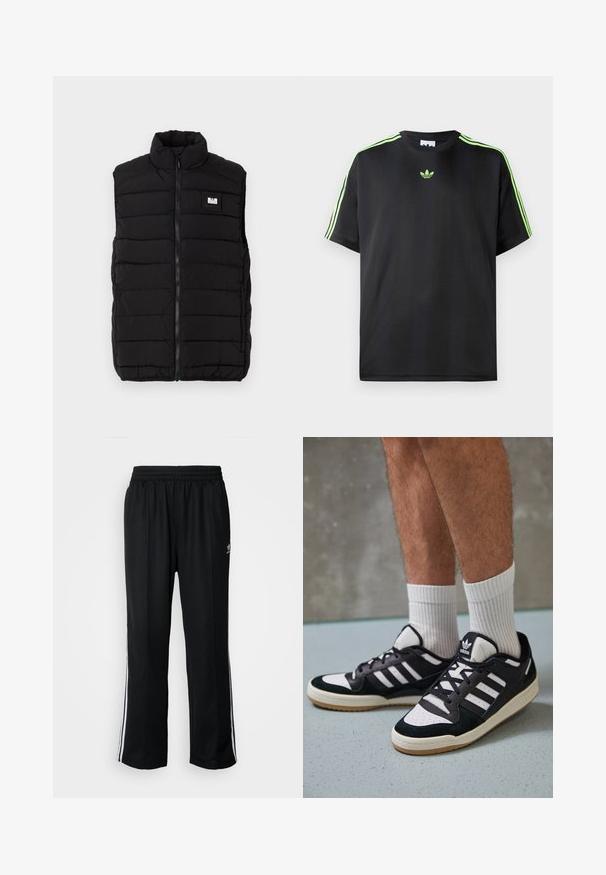 Must MUST vest musta kõrge kraega, horisontaalse tikandid mustriga, esise sulgemisega ja ristkülikukujulise logo patchiga rinnal.; Mustade särk, mis on valmistatud siledast kangast, ümmarguse kaelusega, millel on kolm roheline triipu õlgadel ja väike roheline logo rinnal.; Mustad mustad spordipüksid elastse vöökohaga, millel on valged küljeread ja väike logo. Materjal tundub pehme ja kerge.; Mustvalged ja valged spordijalatsid, mille pealmine osa on valmistatud suede'ist ja nahast. Kingadel on kolm valget riba, auguline varvas ja kummist tald.
