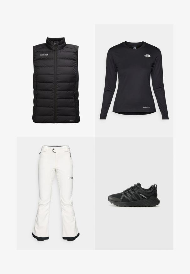 Black sleeveless puffer vest with high collar, front zip, side pockets, and quilted design; features 'MAMMUT' logo on the left chest.; The North Face SHADOW LONG SLEEVE - Long sleeved top - black; White ski pants made from soft, flexible material. Features a fitted waist, wide flared legs, and black trim at the cuffs. Brand logo visible.; Columbia PEAKFREAK - Hiking shoes - black