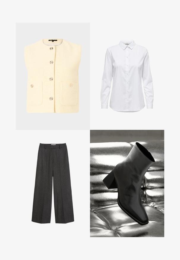 Ärmelloses cremefarbenes Oberteil mit strukturiertem Muster, ausgestattet mit silbernen Knöpfen und zwei Taschen vorne. Schlichtes Design mit runden Ausschnitt.; Weißes Hemd mit langen Ärmeln, strukturiertem Kragen und abgerundetem Saum. Hergestellt aus einem glatten, einfarbigen Stoff ohne sichtbare Muster oder Akzente.; Weite Hose aus dunkelgrauem Stoff. Verfügt über einen maßgeschneiderten Bund mit Gürtelschlaufen, glatter Textur und minimalen Nähakzenten.; Schwarzer Knöchelstiefel aus glänzendem Material mit quadratischer Zehenform und verjüngtem Absatz, vor einem glänzenden silbernen gepolsterten Hintergrund.