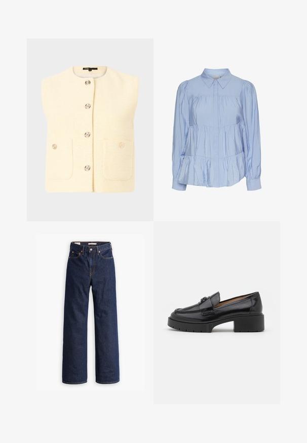 Bezrukávová krémová vesta s textúrovaným vzorom, so striebornými gombíkmi a dvomi prednými vreckami. Jednoduchý dizajn s okrúhlym výstrihom.; Svetlomodrá blúzka z lesklej látky, s klasickým golierom, zapínaním na gombíky, naberanými rukávmi a tierovaným volánovým lemy.; Tmavomodré džínsy rovného strihu s piatimi vreckami, oranžovým prešívaním a zapínaním na gombík.; Čierne kožené loafre s nízkym blokovým opätkom, zaoblenou špičkou, dekoratívnym remienkom a textúrovaným štepovaním na vrchnáku. Hladký povrch.