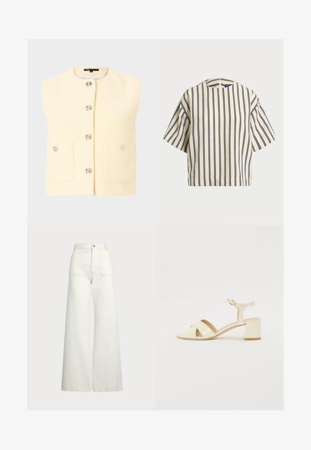 Ärmelloses cremefarbenes Oberteil mit strukturiertem Muster, ausgestattet mit silbernen Knöpfen und zwei Taschen vorne. Schlichtes Design mit runden Ausschnitt.; Kurzärmliges, gestreiftes Oberteil in Creme und Marineblau, mit rundem Halsausschnitt und kastiger Form aus strukturiertem Stoff.; Weite Jeans aus off-white Denim. Hoch tailliertes Design mit Knopfverschluss, zwei Fronttaschen und kontrastierenden Stickdetails.; Beige lackleder Absatzsandalen mit Kreuzriemen-Design, offener Zehenbereich, verstellbare Knöchellasche und Blockabsatz. Glatte Textur.