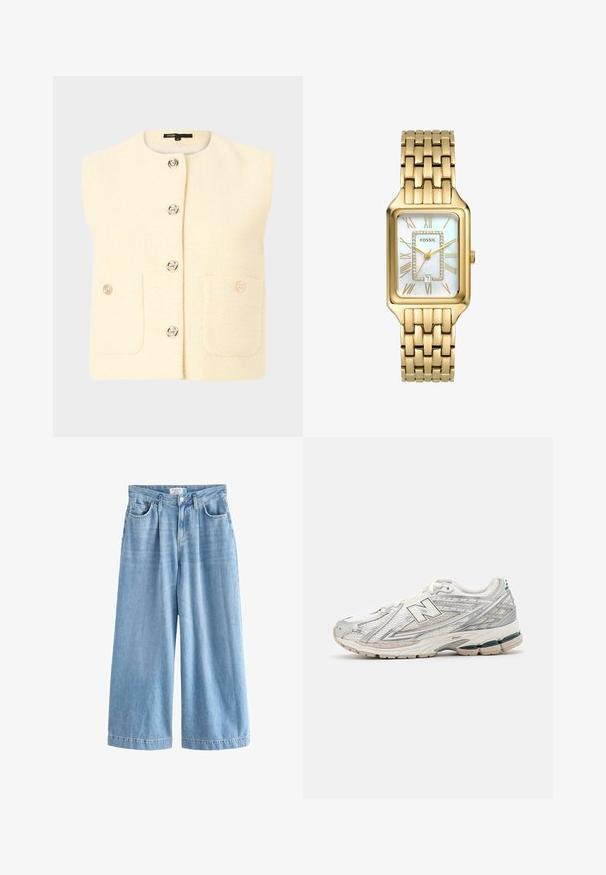 Hihaton vaalean kerma vest, jossa on teksturoitu kuvio, hopeiset napit ja kaksi etutaskua. Yksinkertainen muotoilu pyöreällä pääntiellä.; Valkoinen puuvillat-paita, jossa on lyhyet hihat, pyöreä kaula-aukko, rento istuvuus, sileä rakenne ja ei näkyviä kuvioita tai yksityiskohtia.; Vaaleansiniset farkuhousut, joissa on leveät lahkeet ja korkea vyötärö, etutaskut ja nappikiinnitys. Hieman haalistunut pinta.; Juoksakengissä on hopea- ja valkoista verkkoa, jossa on vihreä yksityiskohta. Pohja on paksu ja teksturoitu, suunniteltu vaimentamaan ja tukemaan.; Kultainen suorakulmainen kello, jossa on helmiäisvalkoinen kasvopinta, roomalaiset numero-oppaita, päivämääränäyttö ja linkkiketjumuotoilu.