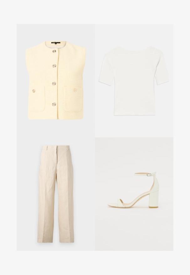 Chaleco sin mangas color crema con un patrón texturizado, presenta botones plateados y dos bolsillos frontales. Diseño simple con escote redondo.; Top blanco de manga corta acanalado con un escote amplio. La textura presenta rayas verticales, enfatizando un ajuste ceñido y un diseño sencillo.; Pantalones de lino beige con un corte holgado, frente plisado y piernas rectas. Presenta una cintura con pasadores para cinturón y sin bolsillos visibles.; Sandalía de tacón bloque blanca de piel, con una correa en el tobillo que presenta una hebilla y un diseño minimalista. Punta abierta y texturas suaves en toda la superficie.