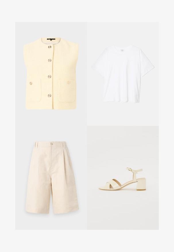 Canotta crema senza maniche con un motivo testurizzato, dotata di bottoni argento e due tasche frontali. Design semplice con scollatura rotonda.; T-shirt bianco in cotone con maniche corte, scollo rotondo, vestibilità comoda e orlo cucito. Etichetta visibile all'interno del colletto.; Pantaloni shorts in lino beige con una vestibilità rilassata, dotati di chiusura con bottone, design plissettato e taglio lungo fino al ginocchio. Tessuto morbido e stile semplice.; Sandali con tacco in pelle verniciata beige, design con cinturino incrociato, punta aperta, cinturino alla caviglia regolabile e tacco a blocco. Texture liscia.