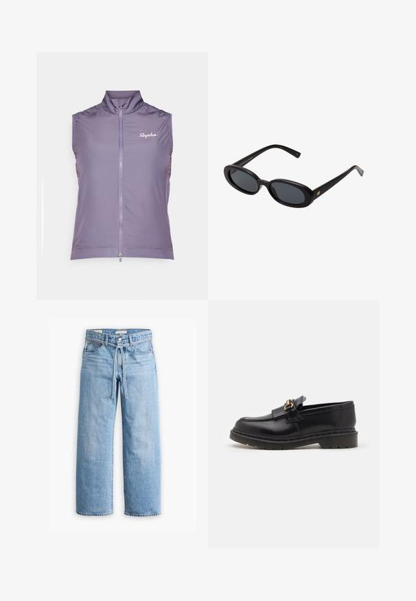 Rapha WOMENS CORE GILET - Vesta - dusted lilac/white; PULL&BEAR Top - white; Svetlomodré riflové nohavice so širokými nohavicami a vysokým pásom, s gombíkom a zipsovým zapínaním a šnúrkou na páse. Úprava s prirodzeným okrajom.; Čierne kožené mokasíny s okrúhlou špičkou, dekoratívnym strapcom a zlatými kovovými detailmi. Hrubá gumová podrážka pre lepšiu trakciu a odolnosť.; Čierne oversized slnečné okuliare s oválnymi šošovkami, hladkým plastovým rámom a zlatými akcentmi na straniciach. Tmavé šošovky poskytujú ochranu pred slnkom.