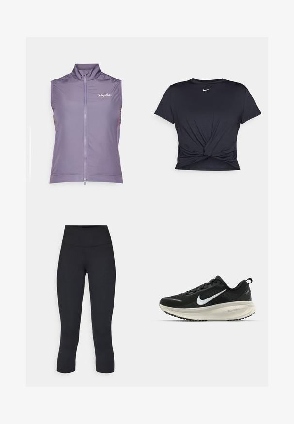 Rapha CORE liliowy; Czarna sportowa koszulka z gładkiego materiału, z wiązanym przodem i małym białym logo Nike na piersi.; Czarne, krótkie legginsy wykonane z elastycznego materiału, z wysokim stanem i gładką strukturą, bez widocznych wzorów czy elementów metalowych.; Czarna biegowa półbut z oddychającej siateczki, białym logo swoosh, teksturowanymi detalami oraz kremową podeszwą środkową ZoomX.