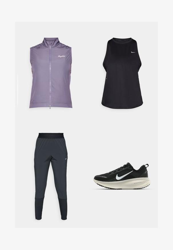 Rapha WOMENS CORE GILET - Vestă - dusted lilac/white; Top de alergare fără mâneci, de culoare neagră, confecționat dintr-un material ușor, cu guler rotund; are un logo discret și crăpături laterale pentru ventilație.; Pantaloni sport Nike de culoare gri închis, cu un design cu picior tapered, talie elastică și detalii accentuate lângă manșete.; Pantofii de alergare negri de la Nike, cu parte superioară din plasă respirabilă, logo-ul alb Swoosh, detalii texturate și o talpă intermediară ZoomX de culoare crem.