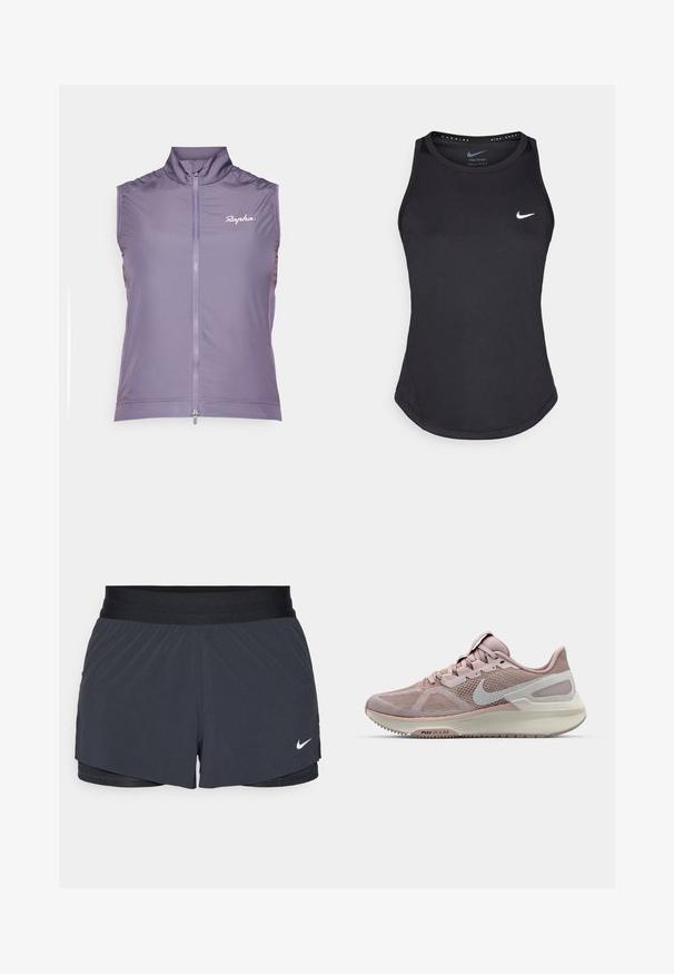 Rapha WOMENS CORE GILET - Brezrokavnik - dusted lilac/white; Črni športni brezrokavnik iz materiala, ki odvaja vlago. Ima okroglo izrezovanje, ozko prileganje in bel Nike logotip na prsih.; Črne atletske kratke hlače z elastičnim pasom, ki imajo plastičen dizajn in majhen bel Nike logotip na spodnji levi strani. Lahkoten material.; Nike teka za tek z mrežastim zgornjim delom v svetlo roza in sivi barvi, ki ima oblazinjen podplat in okroglo obliko prstov. Poudarjen swoosh logotip.
