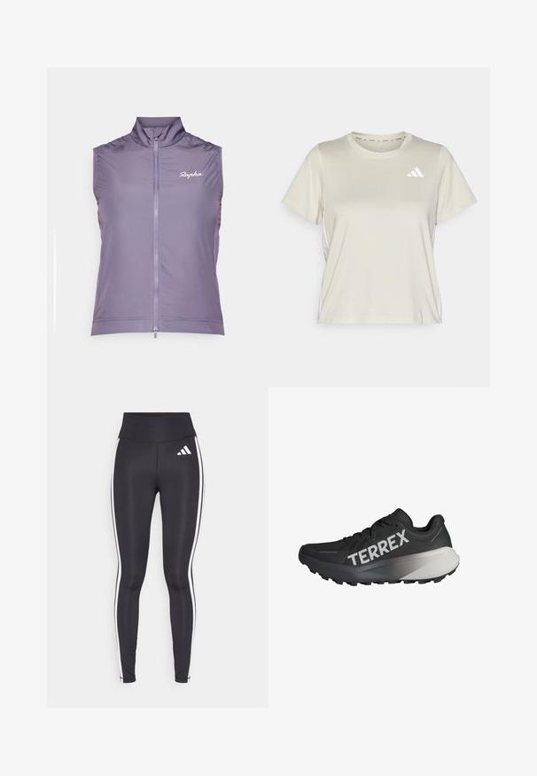 Rapha WOMENS CORE GILET - Vest - dusted lilac/white; adidas Performance TRAIN ESSENTIALS 3STRIPES WORKOUT - T-skjorte til trening - alumina/white; Svart leggings med høy midje, med hvite side striper og en liten hvit logo på øverste venstre lår. Laget av glatt, elastisk materiale.; Svart løpesko med teksturert overdel, fremtredende "TERREX"-logo i hvitt, avsmalnet såledesign og en gradient grå aksent på hælen.