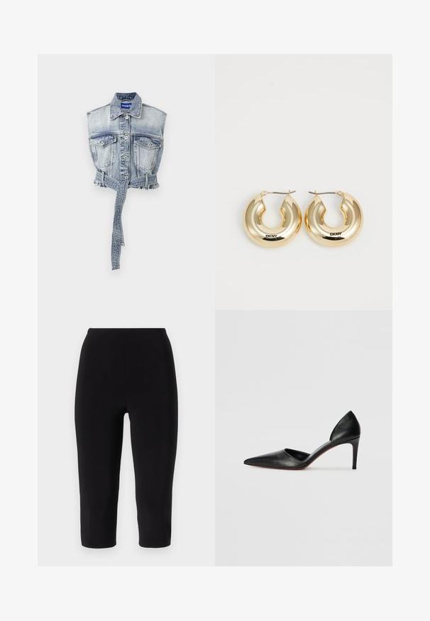 Gilet di jeans in azzurro chiaro con design senza maniche, tasche frontali, chiusura con bottoni e vita con cintura caratterizzata da orlo sfrangiato. L'etichetta del marchio è visibile.; Camisole bianco in satin con spalline regolabili, busto strutturato a onde e orlo dritto. Texture liscia e design minimalista.; Leggings capri neri realizzati in tessuto elasticizzato, caratterizzati da un design aderente e vita alta, senza cuciture o motivi visibili.; Décolleté nere in pelle con tacco alto, punta affusolata, lati aperti e una silhouette elegante. Presentano un tacco sottile e una suola rossa in evidenza.; Orecchini a cerchio in oro con un design liscio e arrotondato e una finitura lucida, dotati di un gancio per la chiusura. Incisi con "DKNY."