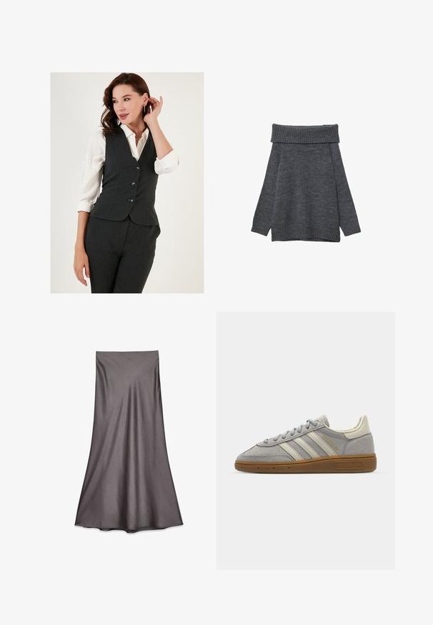 Grau Weste aus maßgeschneidertem Stoff mit einer taillierten Passform, ausgestattet mit drei schwarzen Knöpfen, kombiniert mit einem weißen Hemd mit Kragen.; Dunkelgrauer Pullover mit weitem, geripptem, schulterfreiem Ausschnitt. Lange Ärmel und eine lockere Passform mit gerippten Bündchen und Saum. Weiche Textur.; Graue Satin-Midi-Rock mit glatter Textur und fließendem Design. Verfügt über einen geraden Schnitt, der unterhalb des Knies endet, ohne Verzierungen.; Graue Wildledersneaker mit hellgrauen Lederstreifen und einer Sohle aus Gummi. Zu den Merkmalen gehören eine Schnürung und dezente Markenkennzeichnung auf der Zunge.