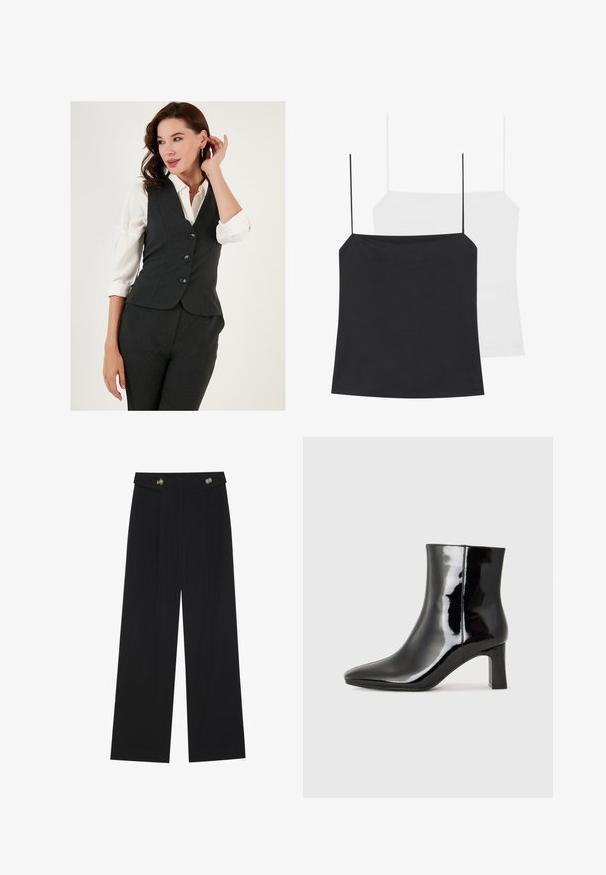 Sivi prsluk od krojenog materijala s uskim krojem, s tri crna dugmeta, u kombinaciji s bijelom košuljom s kragnom.; Prikazane su dvije majice bez rukava: jedna crna i jedna bijela. Obje imaju tanke naramenice i prilagođeni su dizajn od glatkog, rastezljivog materijala.; Crne hlače širokih nogavica s visokim strukom, s dugmadi na pojasu i prednjim nabora.; Crne lakirane kožne gležnjače s šiljastim prstom i srednje visokom blok petom. Glatka tekstura i minimalistički dizajn.