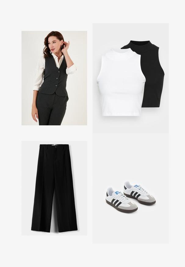 Szürke, testre szabott anyagból készült mellény, amelynek karcsú szabása van, három fekete gombbal, fehér galléros inggel párosítva.; Két ujjatlan, bordázott garbós top fekete és fehér színben, testhezálló kialakítással és sima textúrával, rövidített hosszal.; Fekete, bő szárú nadrág, könnyű anyagból, elöl gombos záródással és sima elfröccsenésű fazonnal, szépen varrott szegélyekkel.; Fehér bőr felsőrészes sportcipő, szürke velúrból készült orral és három fekete csíkkal. Jellemzője a kék logó a nyelvén és egy texturált gumitalp.