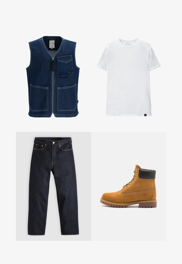 Dunkelblauer Denim-Weste mit einem Frontreißverschluss, einer Brusttasche mit Druckknopfverschluss und zwei großen Fronttaschen. Weiße Nähte setzen Akzente.; Weißes Muskel-fitt T-Shirt aus Baumwolle. Rundhals, kurze Ärmel, glatte Textur. Kleines schwarzes Logo-Tag am Saum. Schlichtes Design.; Dunkelblaue Jeans aus Denim mit geradem Schnitt, fünf Taschen, kontrastierenden orangen Nähten und einem Knopfverschluss. Keine sichtbaren Muster oder Verzierungen.; Beige Wildleder-Ankle-Boot mit schwarzem gepolstertem Kragen, goldenen Metallösen, weißen Nähdetalben und einer robusten Gummisohle mit ausgeprägtem Profil.