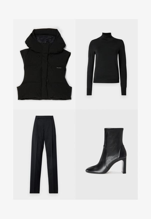 Melna pildīta veste ar augstu apkakli, bez piedurknēm, priekšpuses rāvējslēdzis un logotipa detaļas. Materiāls ir gluds un nedaudz mirdzošs.; Melnas garām piedurknēm turtlenecks džemperis ar ribotām aprocēm un apakšmali, attēlots uz vienkārša balta fona.; Melnas bikses, izgatavotas no gludas auduma, ar augstu vidukli, platiem bikšu galdniekiem, priekšējiem krokām un klasiskām jostu cilpām. Sānu kabatas nav redzamas.; Melnas ādas potītes zābaks ar elegantu dizainu, norādītu pirkstu un augstu kvadrātveida papēdi. Ir gluda tekstūra un minimālisma šuvju detaļas.