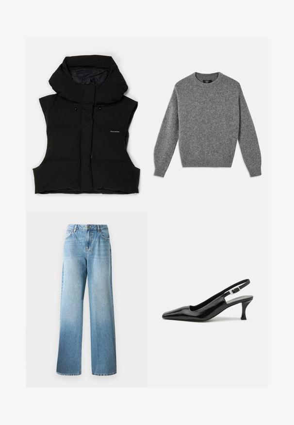 Schwarze gepolsterte Weste mit hohem Kragen, ärmellosem Design, Vorderreißverschluss und Logodetails. Das Material hat eine glatte Oberfläche und eine leicht glänzende Textur.; Grauer Wollpullover mit Rundhalsausschnitt, langen Ärmeln und gerippten Bündchen. Die Textur ist weich und flauschig und weist ein einheitliches Muster auf.; Hellblaue Denim-Jeans mit lockerer Passform, geraden Beinen und dezenten Verzierungen. Verfügt über ein klassisches Fünf-Taschen-Design und Gürtelschlaufen.; Schwarze Lackleder Slingback-High-Heels mit spitzem Zehenbereich und einem silbernen Schnallen-Detail am Absatz, mit einer glatten, glänzenden Oberfläche.