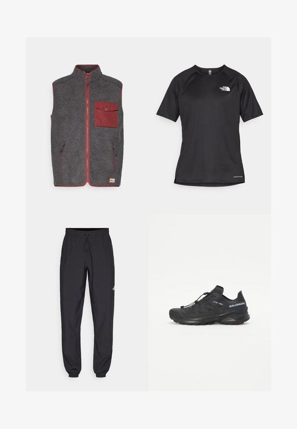 Vest din fâșie în gri închis cu detalii roșii, având un buzunar frontal, două buzunare laterale și un guler înalt. Suprafață moale, texturată.; Tricou athletic scurt, de culoare neagră, cu un material texturat, având un logo alb pe partea stângă a pieptului și un tiv drept.; Pantaloni atletici negri, confecționați dintr-un material ușor, cu un tiv elastic la talie, buzunare laterale și tivuri ajustate la gleznă.; Pantofi de alergare pe teren accidentat, negri, cu un superior texturat, șireturi elastice și talpă Contagrip. Au un fit strâns și un capac de protecție pentru degete.