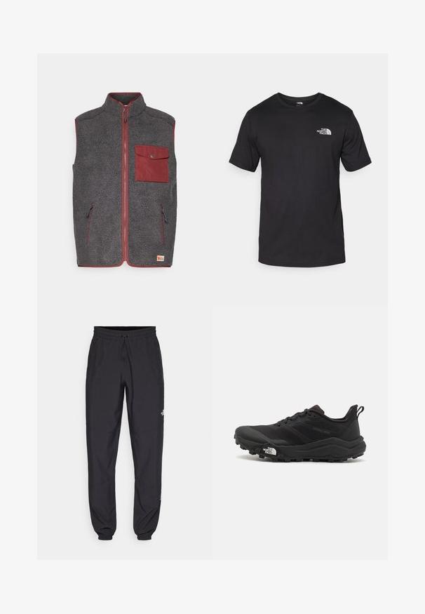Fleece jopica v temno sivi barvi z rdečimi detajli, ki ima sprednji žep, dva stranska žepa in visok ovratnik. Mehka, teksturirana površina.; Črna kratko sleeved majica iz bombaža, s krožnim izrezom in majhnim belim logotipom na zgornjem levem delu prsnega koša.; Črne atletske hlače iz lahkega materiala, ki imajo elastični pas z vezalko, stranske žepe in zožene manšete na gležnjih.; Črne tekaške čevlje za trail s teksturirano zgornjega dela, gumijastim podplatom in ojačanim zaključkom prstov. Vključuje oblazinjen ovratnik in zanko za enostavno obuvanje.