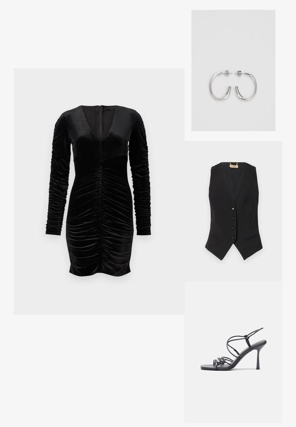 Čierna bezrukávová vesta s dizajnom do V, päť gombíkovým uzávierom, bočnými vreckami a diskrétnymi prúžkami. Hladká tkanina so štruktúrovaným strihom.; Čierne sametové šaty s dlhými puff rukávmi, hlbokým V-výstrihom a nariasením v prednej časti. Zips na chrbte. Hladká textúra.; Čierne sandále na vysokom podpätku majú tenké remienky s uzlovým dizajnom, hladký štvorcový špičku a elegantný stiletto podpätok.; Svetlošedá metalická kabelka s reťazovým popruhom, ozdobená malými kruhovými kovovými štítkami a trojuholníkovým logom značky.; Strieborné kruhové náušnice s hladkým a lesklým povrchom. Okrúhly tvar, ľahký dizajn, s uzáverom na kolík.