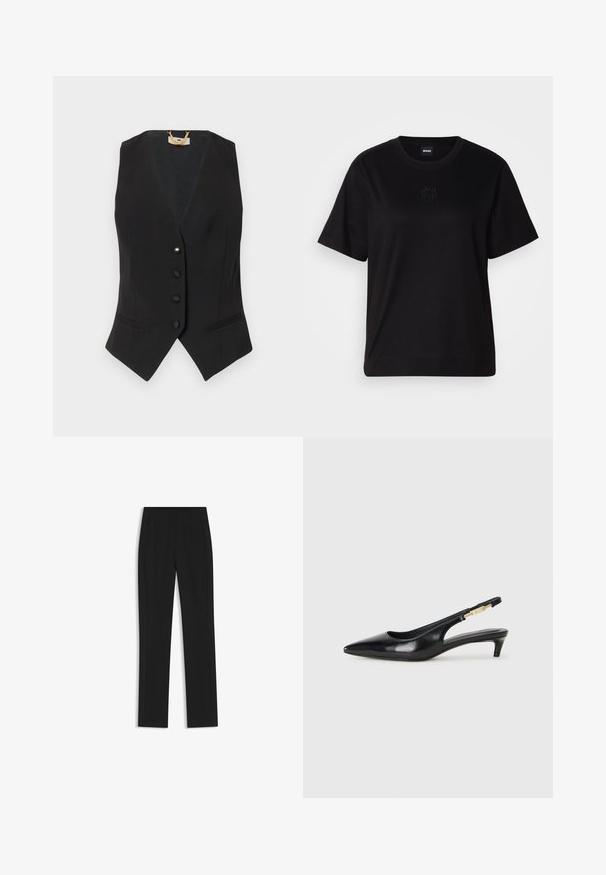 Schwarze ärmellose Weste mit V-Ausschnitt, fünf Knopfverschluss, Seitentaschen und dezenten Nadelstreifen. Glattes Gewebe mit strukturiertem Schnitt.; Schwarzes Baumwoll-T-Shirt mit Rundhalsausschnitt, kurzen Ärmeln und aufgesticktem Logo auf der Brust. Einfacher, lässiger Schnitt ohne Muster.; Schwarze maßgeschneiderte Hose mit geradem Bein, ausgestattet mit Fronttaschen und einem glatten, strukturierten Stoff. Saubere, minimale Details.; Schwarze Leder-Slingback-Pumps mit spitzem Schuhblatt, ausgestattet mit einem schlanken Absatz und einem goldfarbigen Akzent am verstellbaren Riemen. Glatte Textur.