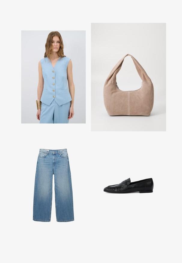 Blauw mouwloos vest met V-hals, voorzien van vijf gouden knopen en twee voorzakken, gecombineerd met een bijpassende broek. Glad stoftextuur.; Zwarte gebreide trui met een ronde hals, lange mouwen en een cropped ontwerp. Gemaakt van een zacht materiaal met een gladde textuur.; Lichtblauwe wijde jeans van denim, met een klassieke vijf-pocketontwerp en een knoopsluiting. Verbleekte textuur overal.; Zwarte leren loafers met een ronde neus, gestikte details aan de voorkant en een platte zool. Minimalistisch ontwerp met een subtiele logo-accent. ; Hobo-tas gemaakt van zacht, suède materiaal in een lichtbeige kleur. Heeft een ronde vorm met een brede schouderband en een ritssluiting.