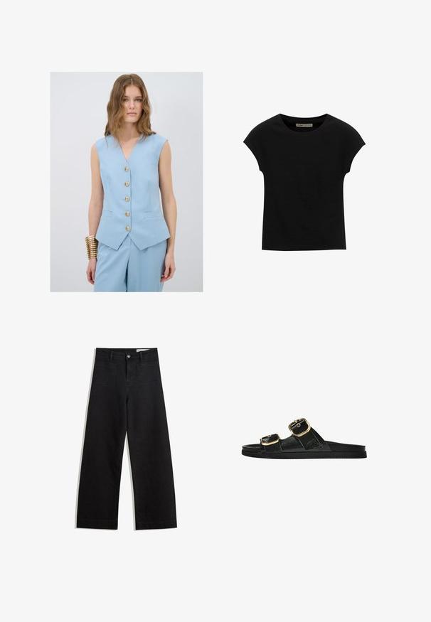 Blaues ärmelloses Weste mit V-Ausschnitt, versehen mit fünf goldenen Knöpfen und zwei Fronttaschen, kombiniert mit passender Hose. Glatte Stofftextur.; Schwarzes Kurzarm-T-Shirt aus weichem Stoff, mit Rundhalsausschnitt und lockerer Passform, glatter Textur und ohne Muster.; Schwarze weit geschnittene Jeans mit hoher Taille, ausgestattet mit Vorder- und Hintertaschen, gesteppten Nähten und einem Knopfverschluss. Glatte Textur.; Schwarze Riemensandale mit zwei goldenen Schnallendetails, glattem Material, flachem Sohlen und minimalistischer Gestaltung.
