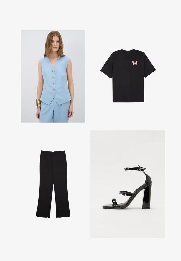 Sininen ilman hiuksia oleva liivi, jossa on V-pääntie, viisi kultanappia ja kaksi etutaskua, yhdistettynä yhteensopiviin housuihin. Sujuva kankaan tekstuuri.; Musta puuvillapaita lyhyillä hihoilla, jossa on pieni vaaleanpunainen perhosgrafiikka vasemmassa rinnassa. Pyöreä kaula-aukko ja rento istuvuus.; Mustat housut suoralinjaisella leikkauksella, joissa on etutaskut ja sivurei'ät helman alla. Valmistettu pehmeästä ja sileästä kankaasta. Sopii eri tilaisuuksiin.; Musta kiiltävä korkokenkä sandaalit neliönmuotoisella varpaalla, nilkkaremmillä ja hopeisilla soljilla. Varustettu tukevalla lohkokorkealla vakauden takaamiseksi.