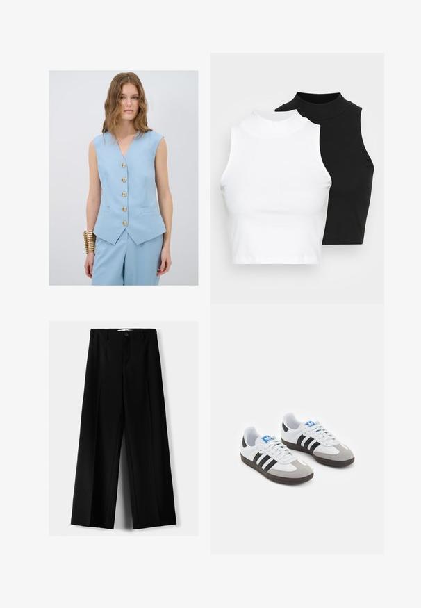 Sininen ilman hiuksia oleva liivi, jossa on V-pääntie, viisi kultanappia ja kaksi etutaskua, yhdistettynä yhteensopiviin housuihin. Sujuva kankaan tekstuuri.; Kaksi hihattomaa ribattua kauluspaitaa mustana ja valkoisena, joissa on istuva muotoilu ja sileä rakenne, sekä lyhyt pituus.; Mustat leveälahkeiset housut, jotka on valmistettu kevyestä kankaasta. Housuissa on etunappikiinnitys ja tasainen etuosa, sekä huolellisesti ommellut helmat.; Urheilukengät, joissa on valkoinen nahkainen päällinen, harmaa mokkanokka ja kolme mustaa raitaa. Ominaisuuksina sininen logo kielekkeessä ja kuvioitu kumipohja.