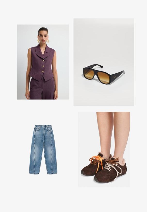 Gilet senza maniche viola con colletto a punte, cinque bottoni dorati e due tasche frontali, realizzato in tessuto testurizzato.; Maglione grigio corto realizzato in materiale morbido e peluche. Presenta maniche lunghe e un collo tondo, con una texture liscia e leggera.; T-shirt bianco a maniche corte realizzato in morbido cotone, con scollatura rotonda e un fit rilassato con dettagli orlo arrotolato. Senza fantasie né accenti.; I jeans in denim azzurro chiaro presentano una vestibilità rilassata, ampie tasche e cuciture a contrasto. Il tessuto ha una finitura scolorita con una texture liscia.; Scarpe slip-on in suede marrone con fodera in pelliccia, indossate a piedi nudi, con lacci di colori assortiti: uno arancione e uno bianco con strisce nere.; Occhiali da sole neri a forma rettangolare con lenti sfumate marroni. Realizzati in plastica, presentano una superficie liscia e un sottile logo dorato sulla tempia.