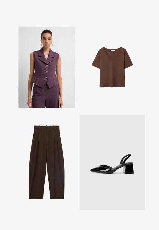 Ermeløs lilla vest med en klippet krave, fem gyldne knapper og to forlommer, lavet af tekstureret stof.; Brun bomulds t-shirt med korte ærmer og dyb V-hals. Enkel design, blød tekstur og lige kant. Ingen mønstre eller detaljer.; Brune højtaljede bukser med folder, lavet af glat stof. Løs pasform, straight leg design, med bæltestropper og lynlås.; Sorte patentlæder slingback hæle med spids tå og en geometrisk blok hæl. Har et elegant, minimalistisk design og en glat tekstur.