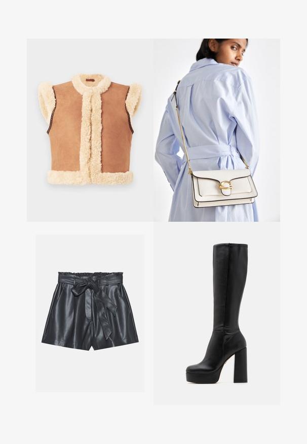 Prsluk bez rukava od smeđeg antilopa s kremastim oblogama od umjetnog krzna duž rubova, ovratnika i izreza za ruke, prikazan ležeći na bijeloj pozadini.; Čipkasta bluza u boji slonovače s složenim uzorcima, dugim rukavima, prednjim kopčanjem na dugmad i mandarin okovratnikom. Delikatna obruba na manžetama.; Crne kožne šortse s visokim strukom, elastičnom trakom, odvojenim remenom i glatkom teksturom. Imaju ravni prednji deo i bočne džepove.; Crne čizme do koljena izrađene od glatke kože s teksturiranim završetkom, s visokim blok petom i dizajnom okruglog nožnog dijela.; Bijela kožna torba s zlatnim detaljima, prednjim preklopom i crnim rubom, s remenom od lanca nosi se preko tijela uz svijetloplavu košulju.