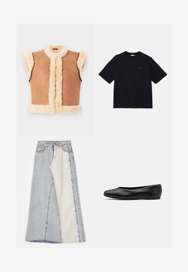 Sleeveless brown suede vest with cream-colored shearling trim along the edges, collar, and armholes, displayed flat on a white background.; Black short-sleeve t-shirt made of cotton, featuring a crew neckline and a small logo on the left chest. Smooth texture and relaxed fit.; Denim skirt featuring a patchwork design with light and medium blue sections, frayed hems, and a high waist. Classic five-pocket style.; Paul Smith TOPANGA - Ballet pumps - black