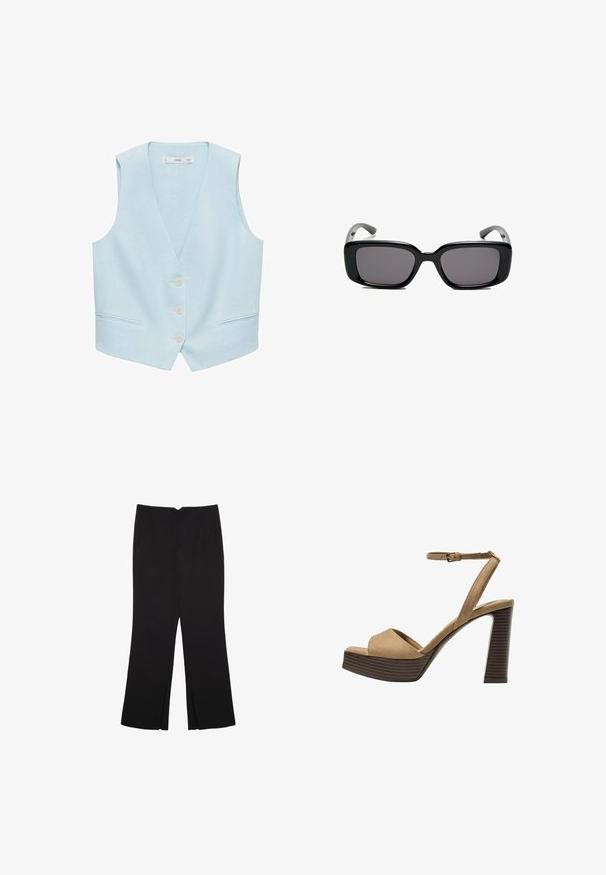 Svijetloplavi prsluk od lana, s V-izrezom, prednjim gumbima i dva bočna džepa. Bez rukava, glatke teksture, minimalistički dizajn.; Pura crna pamučna majica kratkih rukava s okruglim izrezom, prikazana na bijeloj pozadini.; Crne hlače ravnog kroja, s prednjim džepovima i bočnim prorezima na rubu. Izrađene od mekog i glatkog materijala. Pogodne za razne prigode.; Beige suedirane sandale s visokim potpeticama, širokom prednjom trakom i trakicom oko gležnja, s debelom drvenom blok-potpeticom s teksturiranim završetkom.; Crne pravokutne sunčane naočale s tamnim lećama, glatkim plastičnim okvirom i zakrivljenim državama. Dizajn je masivan s minimalističkom estetikom.