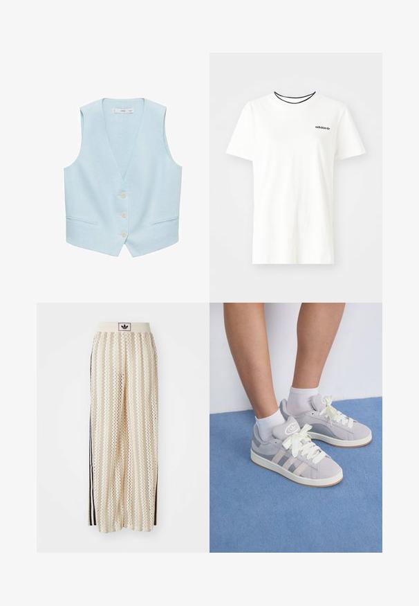 Svetlo modra usnjena brezrokavnik iz l inskih vlaken, z V-izrezom, sprednjimi gumbi in dvema stranskima žepe. Brez rokavov, gladka tekstura, minimalističen dizajn.; Bela bomba majica iz bombaža s kratkimi rokavi in okroglim izrezom. Ima črni Adidas logotip na prsih ter kontrastni črni notranji ovratnik.; Hlače širokega kroja kremne barve z zigzag vzorcem, opremljene z črnim logotipom na pasu in stranskimi črnimi črtami. Lahka, teksturirana tkanina.; Sive športne copate iz zamšene kože z belimi vezalkami in gumijastim podplatom, ki imajo tri diagonalne črte ob strani in logotip na ježku.