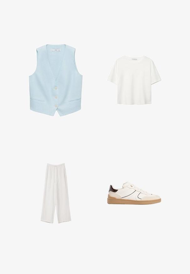 Vaalea sininen liivi, joka on valmistettu pellavasta. Siinä on V-pääntie, etupainikkeet ja kaksi sivutaskua. Ei hihoja, sileä rakenne, minimalistinen muotoilu.; Valkoinen lyhythihainen T-paita, joka on tehty puuvillasta. Siinä on pyöreä kaula-aukko ja rento malli. Silkkinen pinta ilman näkyviä kuvioita tai koristeita.; Valkoiset leveälahkeiset housut kevyestä kankaasta. Ominaisuuksiin kuuluu elastinen vyötärö, jossa on nauhakuuluma ja sivutaskut. Sileä rakenne.; Stradivarius Matalavartiset tennarit - white