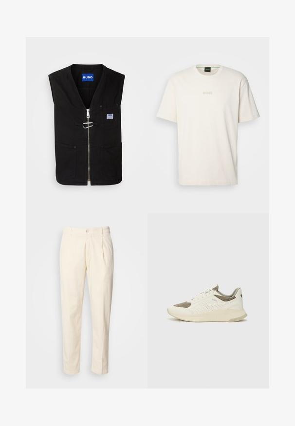 HUGO LUNUS - Liemenė - black; BOSS TEE - Paprasti marškinėliai - open white; Kreminės spalvos medvilninės kelnės su tiesia kojų forma, turinčios priekinės raukšles, mygtuką užsegimui ir šonines kišenes. Lygi tekstūra.; Baltas ir šviesiai bežinis sportinis kedas, su tinklo viršumi, perforuotais detalėmis ir tekstūruotu tarpine su logotipu ant kulno.