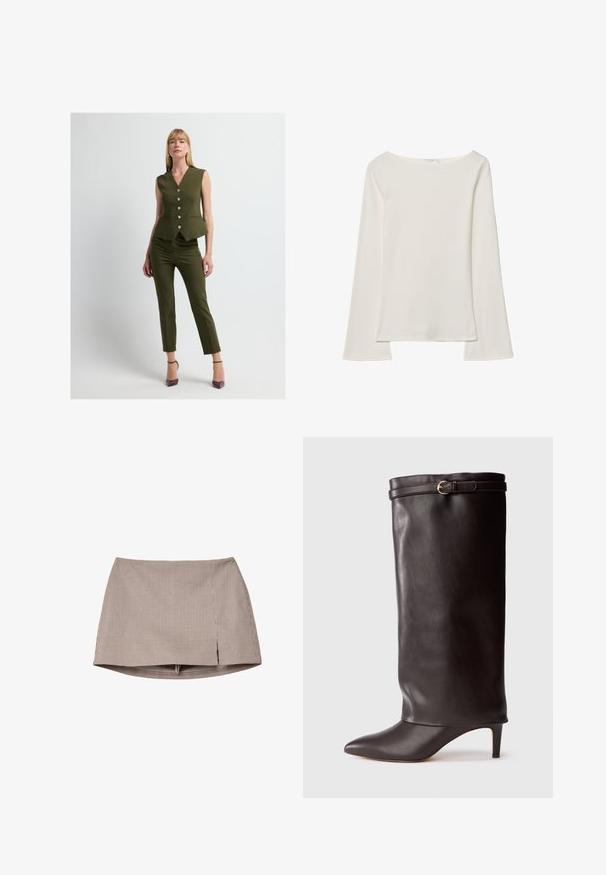 Oliwkowy, bezrękawnikowy top peplum z dekoltem w serek, z sześcioma ozdobnymi guzikami i dwiema przednimi kieszeniami, zestawiony z dopasowanymi spodniami.; Biała bluzka z długim rękawem i dekoltem łódkowym. Wykonana z miękkiego materiału, z rozszerzanymi rękawami i prostym wykończeniem, oferująca prosty i uniwersalny design.; Brąspawny i biały, mały, kratkowany mini spódniczek z rozcięciem z przodu, wyłożony na białym tle.; Czarne skórzane kozaki do kolan z ostrym noskiem i smukłym obcasem. Posiadają złożoną górę z akcentem w postaci złotej klamry. Gładka faktura.