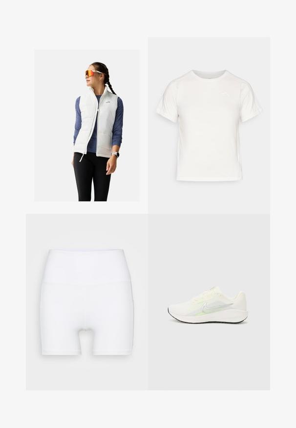 Gilet bianco imbottito sopra una maglietta a maniche lunghe blu, abbinato a leggings neri. Caratteristiche principali includono colletto regolabile e tasche laterali.; T-shirt bianca leggera con maniche corte, collo rotondo e un piccolo logo nell'angolo in alto a sinistra. Tessuto morbido con una leggera lucentezza.; Pantaloni corti bianchi a vita alta realizzati in tessuto elasticizzato. Presentano una texture liscia e un design aderente, senza ulteriori motivi o accessori.; Nike Performance DOWNSHIFTER 13 - Scarpe da corsa su strada - sail/silver-coloured photon dust/summit white/barely volt/black