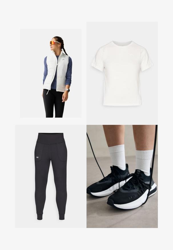 Vit puffy väst över en blå långärmad tröja, som är kombinerad med svarta leggings. Anmärkningsvärda egenskaper inkluderar justerbar krage och sidofickor.; Lätt vit T-shirt med korta ärmar, rund hals och en liten logotyp i det övre vänstra hörnet. Slät tyg med en subtil lyster.; Svarta träningsleggings i elastiskt material, med hög midja, sidofickor och åtsittande manschetter vid ankeln.; Svarta sportskor med texturerat tyg, vit sula och svarta snören. Bärs med vita reglerade strumpor, stående på en ljus yta.