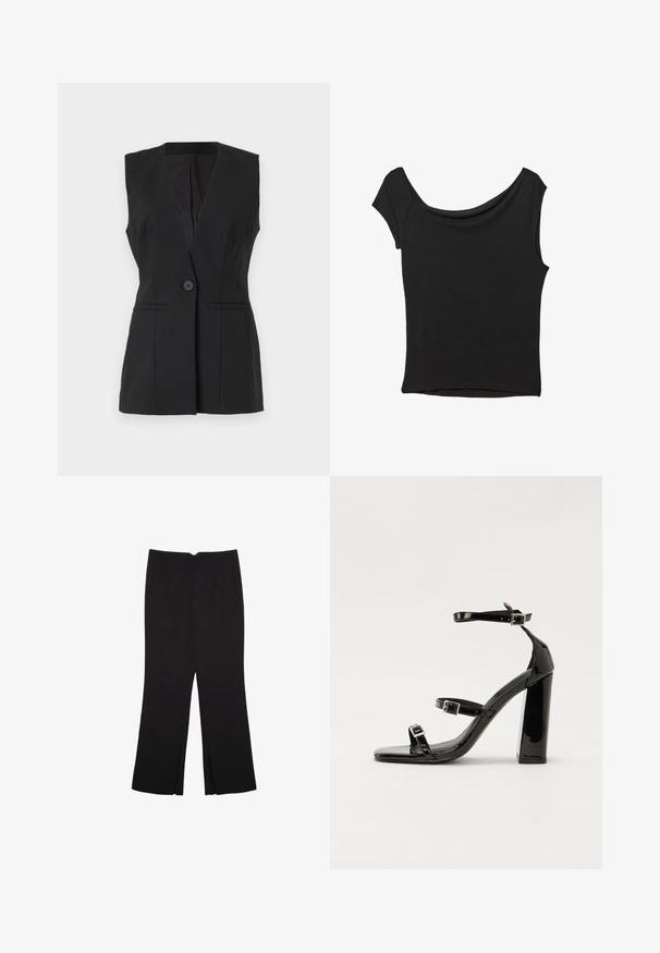 Crni bezrukavnik s izrezanim ovratnikom, zatvaranjem na jedan gumb i dva prednja džepa. Izrađen od čvrstog materijala s glatkom teksturom.; Crna majica kratkih rukava od glatkog materijala; ima drapirani izrez i asimetrični donji rub, uz prilagođeni kroj tijela.; Crne hlače ravnog kroja, s prednjim džepovima i bočnim prorezima na rubu. Izrađene od mekog i glatkog materijala. Pogodne za razne prigode.; Crne lakirane sandale na pete sa kvadratnim nosom, trakama oko gležnja i srebrnim kopčama. Imaju čvrst blok petu za stabilnost.