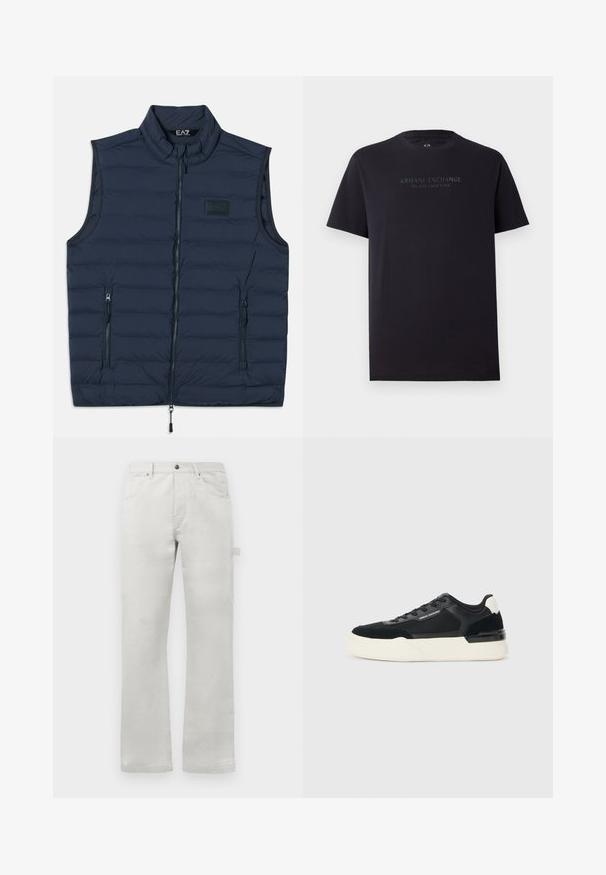 Colete acolchoado azul-marinho com colarinho alto, fecho de correr na frente e dois bolsos laterais com fecho. Textura suave com padrão acolchoado horizontal.; T-shirt preta em algodão com mangas curtas, gola redonda e um corte ligeiramente descontraído. Apresenta "ARMANI EXCHANGE MILANO / NEW YORK" em texto cinza escuro.; Calças cinza claro com um corte reto, feitas de tecido de algodão suave, apresentando bolsos frontais e um bolso lateral tipo cargo.; Sapata preta feita de malha e couro, apresentando uma sola branca grossa e detalhes contrastantes. Cadarços e detalhe do logótipo na lateral.