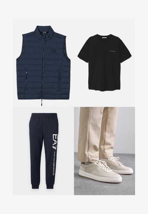 Colete acolchoado azul-marinho com colarinho alto, fecho de correr na frente e dois bolsos laterais com fecho. Textura suave com padrão acolchoado horizontal.; T-shirt preta de algodão com gola redonda, mangas curtas e impressão de logó tipo branca no lado esquerdo do peito. Design simples, de cor sólida.; Calças de jogging em algodão azul-marinho com cintura elástica, pernas ajustadas e logótipos EA7 e Emporio Armani em branco contrastante impressos ao longo do lado.; Sapatilhas bege com um upper texturizado, solas brancas e detalhes cosidos, combinadas com calças bege, expostas sobre uma superfície cinza.