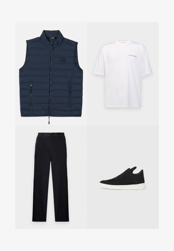 Jūras spēku pufers veste ar augstu apkakli, priekšējo rāvējslēdzēju un divām sānu kabatām ar rāvējslēdzēju. Mīksta tekstūra ar horizontālu quilted rakstu.; Baltas īsām piedurknēm T-kreklis no kokvilnas ar V veida kakla izgriezumu, uz kura kreisajā pusē ir melns "FILLING PIECES" logo.; Melni bikses ar vieglu, teksturētu audumu, taisnu kāju dizainu, elastīgu jostu un sānu rāvējslēdzēju kabatām.; Melna zamša apavi ar baltu gumijas zoli, ar tonālu izšuvumu un auklu dizainu. Gluda tekstūra ar mūsdienīgu, plūstošu formu.