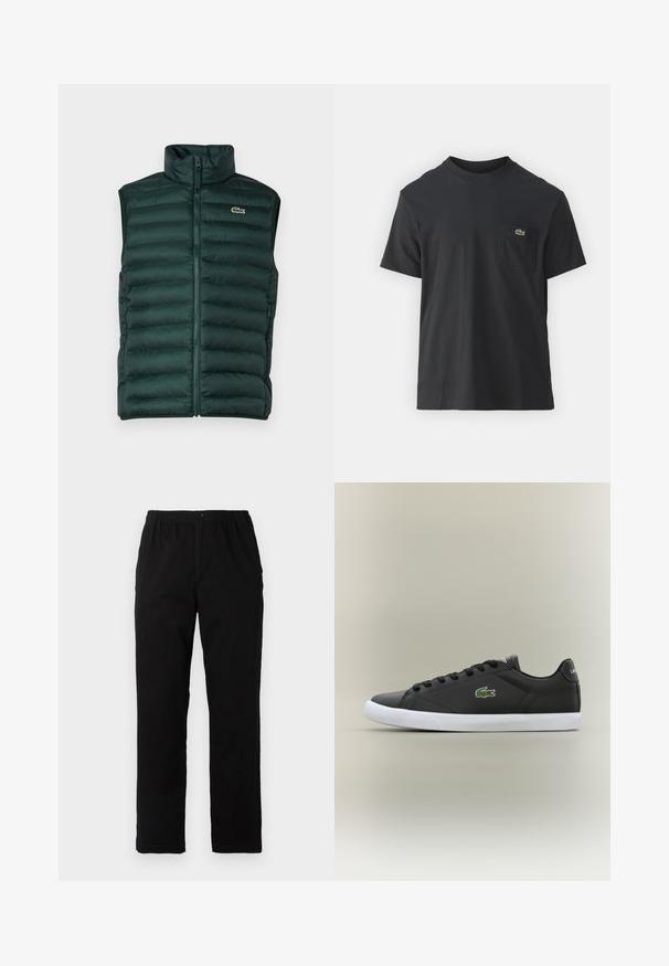 Tamsiai žalia pūkinė liemenė su aukštu apykakle, priekyje užtrauktuku ir horizontaliu quilt'ų raštu. Kairėje krūtinės pusėje yra išsiuvinėtas logotipas.; Juodas medvilninis marškinėliai trumpomis rankovėmis, apvaliu iškirpimu ir maža žalia logo kairėje krūtinės kišenėje. Paprastas dizainas, reguliaraus pjaustymo.; Juodi kelnės, pagamintos iš medvilnės mišinio, su tiesiomis kirpimo linijomis, elastingu liemeniu su mygtuku ir be aiškių raštų ar akcentų.; Juodos odinės sportbačiai su baltais guminiais padais, turintys žalią krokodilo logotipą ir apvalias raišteles, elegantiškas dizainas su lygia tekstūra.