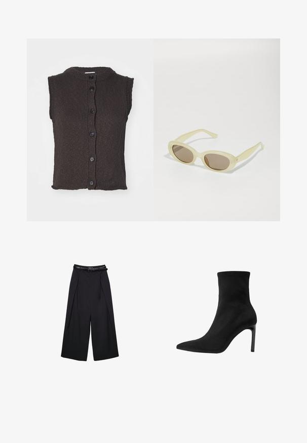 Sleeveless brown knit cardigan with a round neckline, featuring six black buttons down the front and a textured pattern. Even hemline.; Yellow ribbed cardigan with long sleeves, round neckline, and five button closures down the front. Soft texture with a cropped fit.; White short-sleeve t-shirt made of cotton with a round neckline and a relaxed fit. Smooth texture and no visible patterns or embellishments.; Black wide-leg trousers made of smooth fabric, featuring a high waist and belt loops, with pleated front detailing and no visible patterns.; Black ankle boot made of smooth suede, featuring a pointed toe and a high stiletto heel. Sleek, minimalist design without embellishments.; Oval sunglasses with a translucent pale yellow frame and brown lenses. Features smooth texture and subtle hardware accents on the sides.