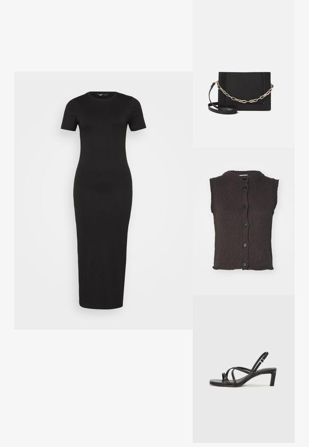 Ärmellose braune Strickjacke mit Rundhalsausschnitt, versehen mit sechs schwarzen Knöpfen auf der Vorderseite und einem strukturierten Muster. Gerade Saumlinie.; Schwarzes, geripptes Maxikleid mit einer figurbetonten Silhouette, kurzen Ärmeln und rundem Ausschnitt. Glatte Textur mit einem bodenlangen Design.; Schwarze Sandale mit Riemchen, quadratischer Zehenform und niedrigem Blockabsatz. Verfügt über mehrere dünne Riemen und einen verstellbaren Knöchelriemen. Hergestellt aus glattem Leder.; Schwarze Leder-Crossbody-Tasche mit glatter Textur, rechteckiger Form und metallic-kettendetail auf der Vorderseite. Verstellbarer Gurt inklusive.