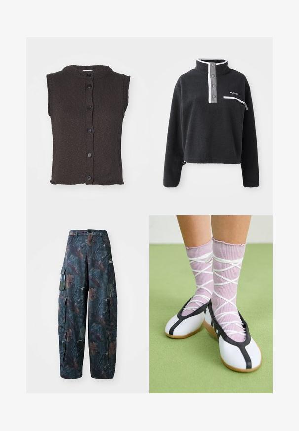 Ujjatlan barna kötött kardigán, kerek nyakkivágással, amelyen hat fekete gomb található elöl, és textúrált minta díszíti. Egyenletes szegély.; Fekete bolyhos pulóver fél cipzárral, elülső mellzsebbel és kontrasztos fehér és szürke részletekkel. Puha tapintás, rövidített fazon.; Sötétzöld és barna álcázó cargo nadrág, amely több zsebből áll és laza fazonú, könnyű, tartós szövetből készült.; Fehér lapos cipők fekete díszítéssel és talppal, világos lila bordázott zoknikkal, fehér keresztszalagokkal. Zöld háttér előtt.