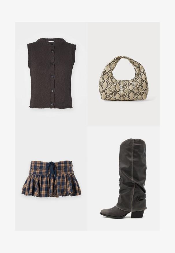 Sleeveless brown knit cardigan with a round neckline, featuring six black buttons down the front and a textured pattern. Even hemline.; Textured, beige and brown snake skin-patterned fabric piece with an asymmetrical shape, designed for a unique, modern look.; Plaid, flared mini skirt in brown and navy, made of lightweight fabric. Features a smocked waist and adjustable tie for fit.; Gray leather calf-high boots with a slouchy design, pointed toe, and stacked heel. Notable stitching detail on the toe area.; Snake-print handbag with a curved handle. Made from textured, beige and brown materials, featuring a distinctive diamond pattern.