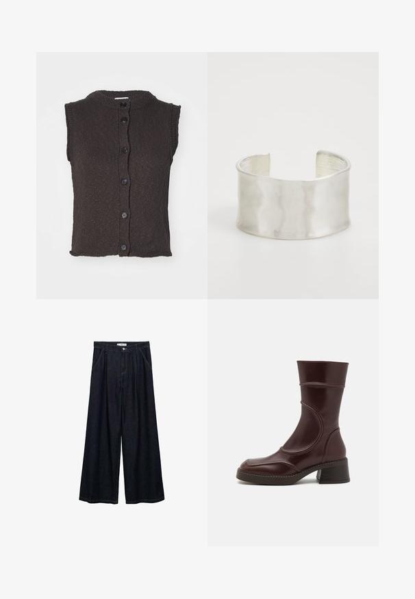 Valkoinen ilmanhiha brown neuleliivi, jossa on pyöreä kaula-aukko. Edessä on kuusi mustaa nappia ja tekstuuripinta. Suora helma.; Vaaleanbeige lyhythihainen neulepaita, jossa on kaula-aukossa roikkuva huivikuvio.; Tummat farkku leveälahkeiset housut korkealla vyötäröllä, joissa on etunapit, kaksi sivutaskua ja ompeluyksityiskohtia.; MIISTA MALENE - Klassiset nilkkurit - brown; Zign Rannekoru - silver-coloured